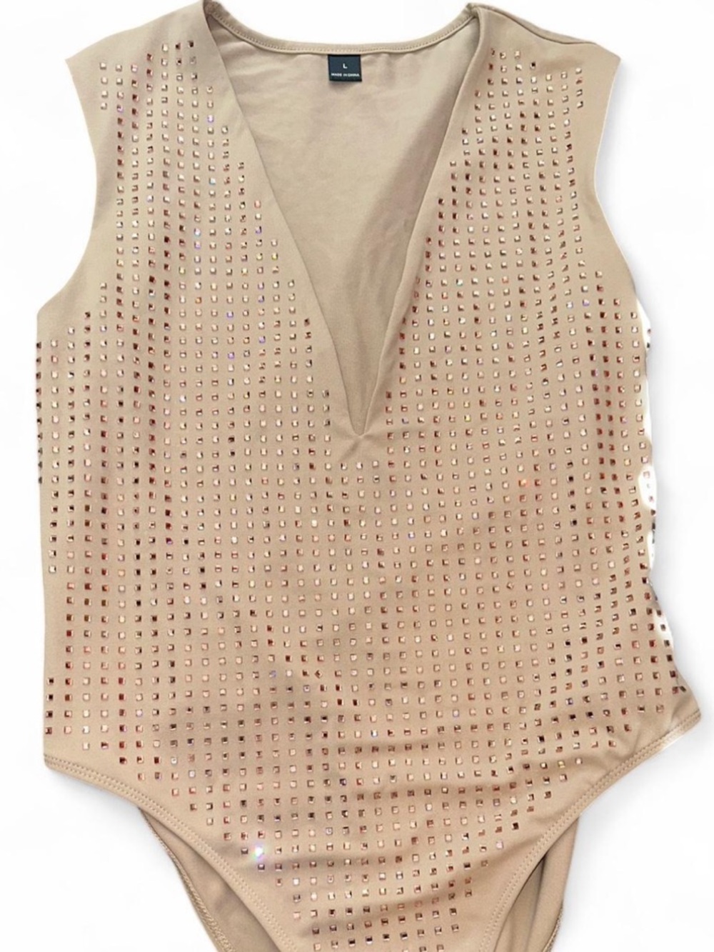 Sleeveless Bodysuit - Beige rhinestone